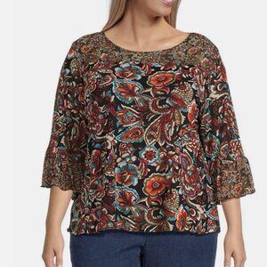 Intro Plus Size Soft Mesh Graphic Jacobean Print 3/4 Romantic Sleeve Top 2X